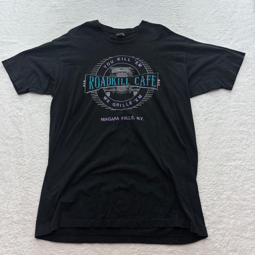 Vintage Roadkill Cafe Niagara Falls NY Graphic T-Shirt Mens XXL Black 90s USA